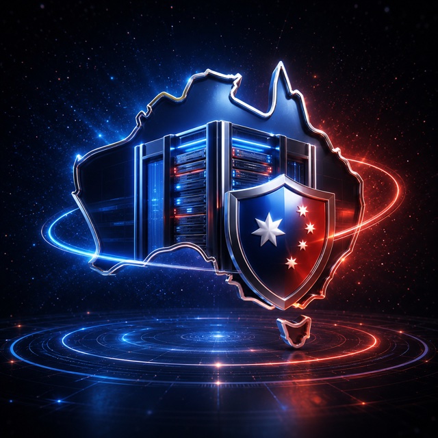Australia outline over a server rack with a Southern Cross shield - Australian hosting commitment