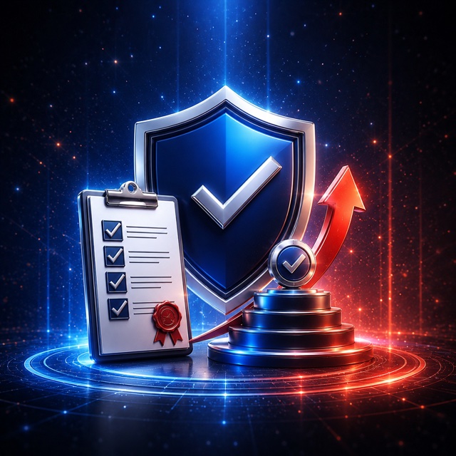 Shield with checkmark, audit clipboard and rising arrow - compliance commitment