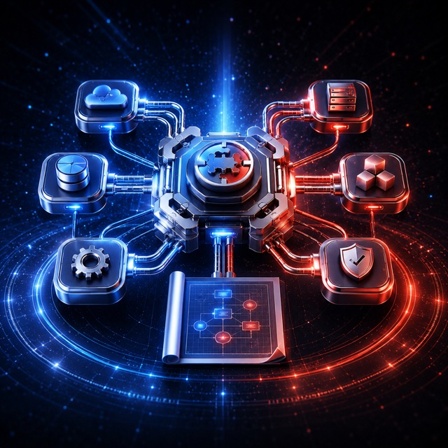 Connected hub of services with a blueprint below - integration craft commitment