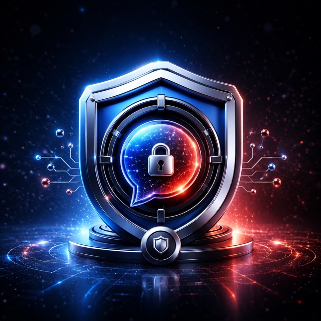Shielded chat bubble with a lock and circuit traces - privacy-first commitment