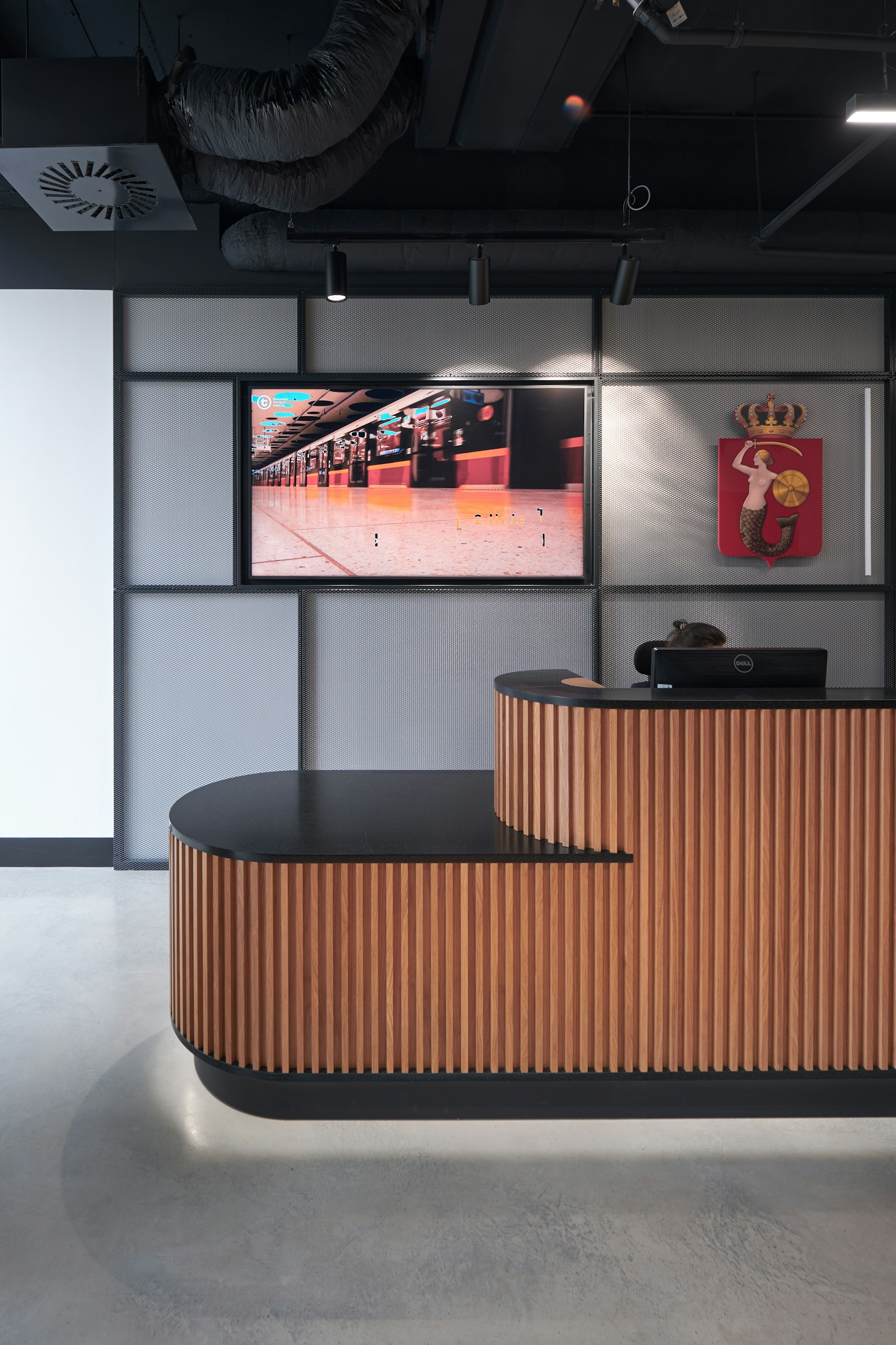 Modern curved reception counter, premium service-business front-of-house